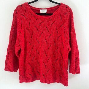 Vintage Women's Handknit 100% Cotton Red Wavy Sweater M/L